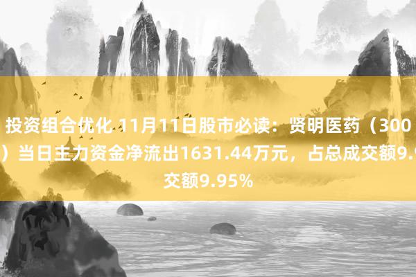 投资组合优化 11月11日股市必读：贤明医药（300149）当日主力资金净流出1631.44万元，占总成交额9.95%